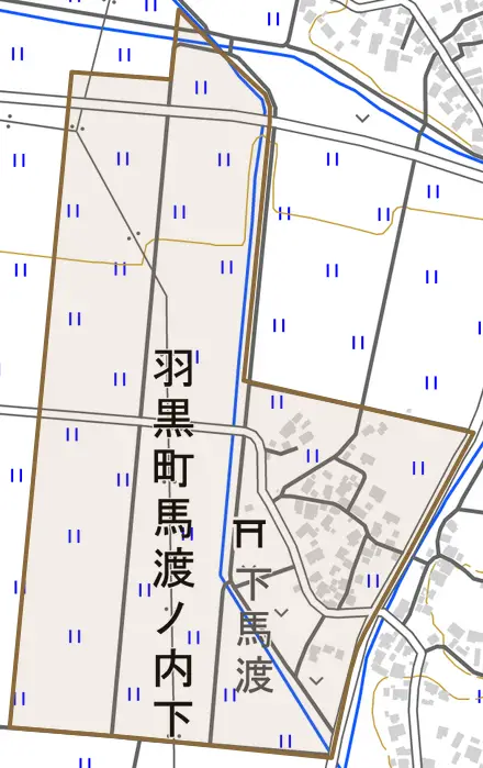 羽黒町馬渡ノ内下とその周辺の地図。町の範囲を重ねている