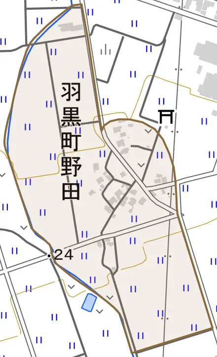 羽黒町野田とその周辺の地図。町の範囲を重ねている