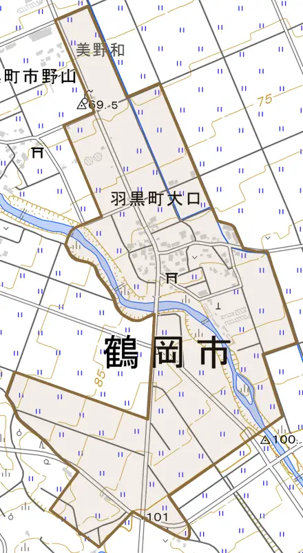 羽黒町大口とその周辺の地図。町の範囲を重ねている