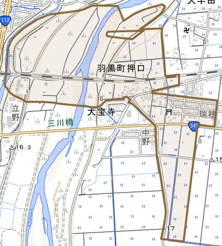 羽黒町押口とその周辺の地図。町の範囲を重ねている
