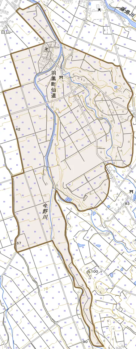 羽黒町仙道とその周辺の地図。町の範囲を重ねている