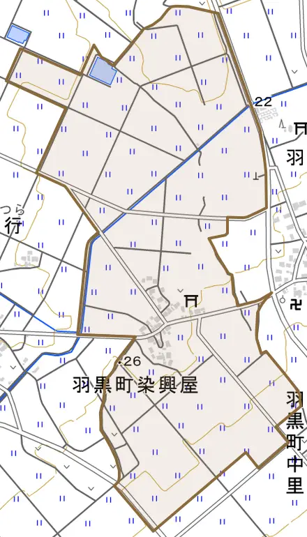 羽黒町染興屋とその周辺の地図。町の範囲を重ねている