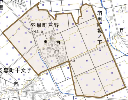 羽黒町戸野とその周辺の地図。町の範囲を重ねている