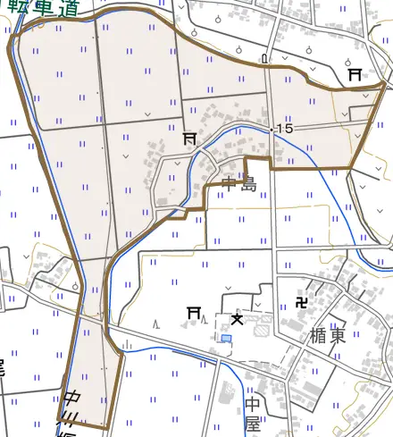 羽黒町後田とその周辺の地図。町の範囲を重ねている
