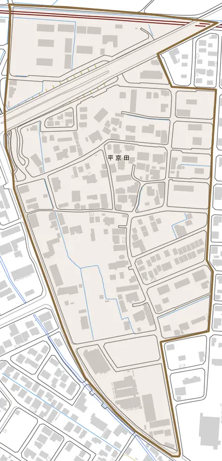 平京田とその周辺の地図。町の範囲を重ねている