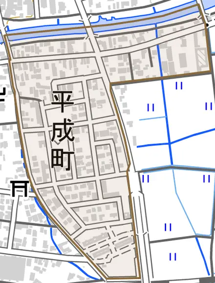 平成町とその周辺の地図。町の範囲を重ねている