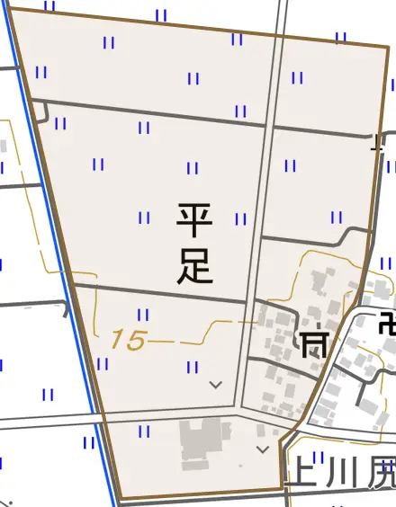 平足とその周辺の地図。町の範囲を重ねている