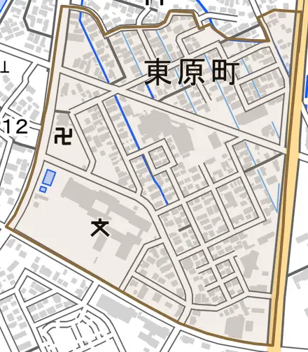 東原町とその周辺の地図。町の範囲を重ねている