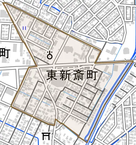 東新斎町とその周辺の地図。町の範囲を重ねている