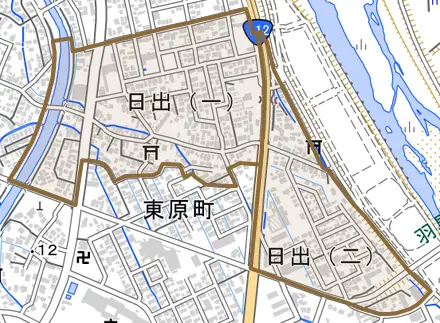 日出とその周辺の地図。町の範囲を重ねている