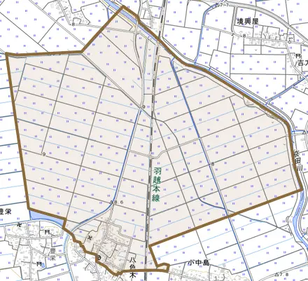 平田とその周辺の地図。町の範囲を重ねている