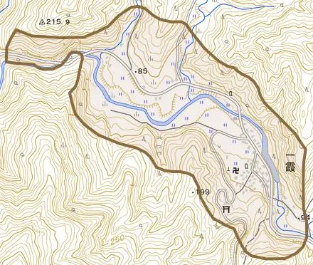 一霞とその周辺の地図。町の範囲を重ねている