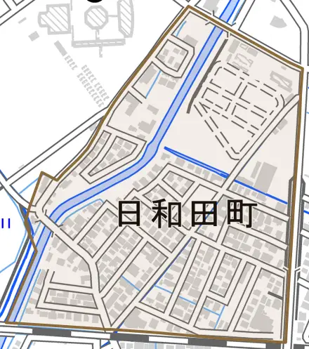 日和田町とその周辺の地図。町の範囲を重ねている