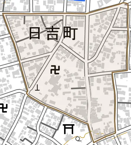 日吉町とその周辺の地図。町の範囲を重ねている