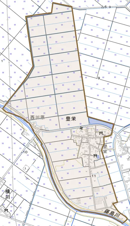 豊栄とその周辺の地図。町の範囲を重ねている