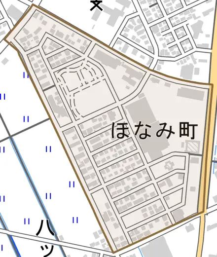 ほなみ町とその周辺の地図。町の範囲を重ねている