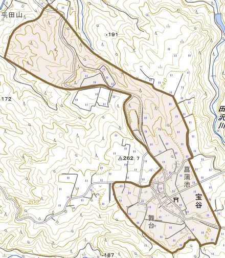 宝谷とその周辺の地図。町の範囲を重ねている