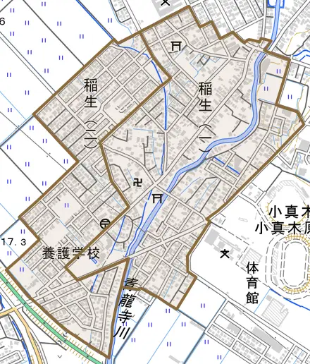稲生とその周辺の地図。町の範囲を重ねている