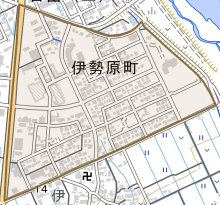 伊勢原町とその周辺の地図。町の範囲を重ねている