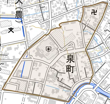 泉町とその周辺の地図。町の範囲を重ねている