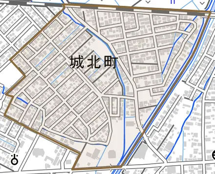城北町とその周辺の地図。町の範囲を重ねている