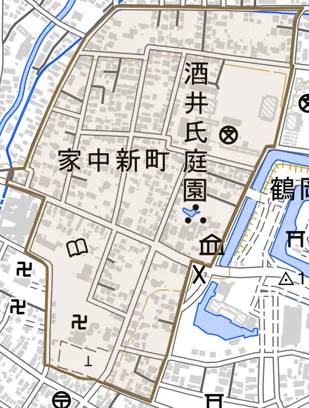 家中新町とその周辺の地図。町の範囲を重ねている