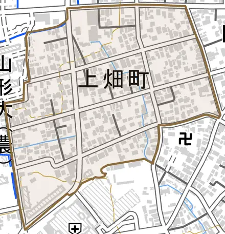 上畑町とその周辺の地図。町の範囲を重ねている