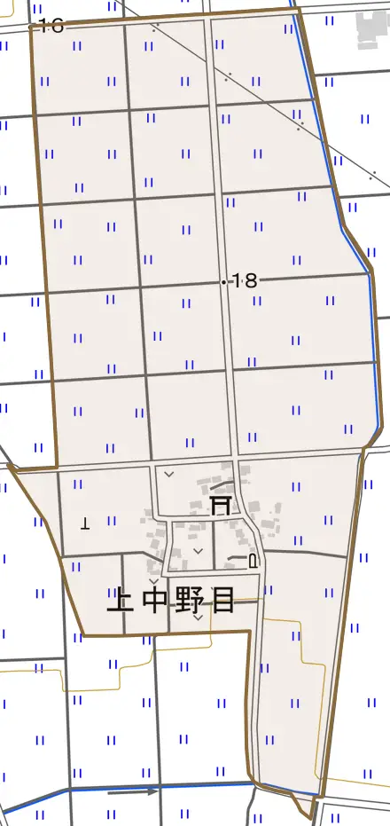 上中野目とその周辺の地図。町の範囲を重ねている