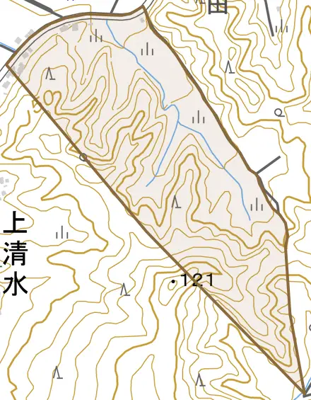 上清水とその周辺の地図。町の範囲を重ねている