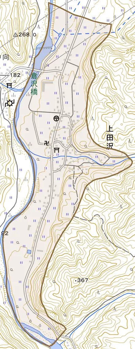 上田沢とその周辺の地図。町の範囲を重ねている