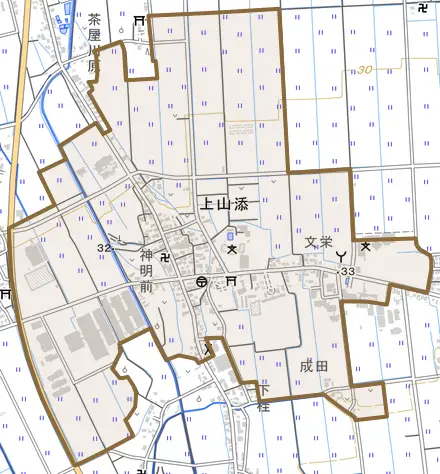 上山添とその周辺の地図。町の範囲を重ねている