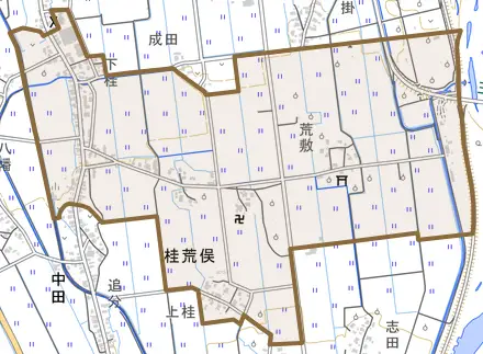桂荒俣とその周辺の地図。町の範囲を重ねている