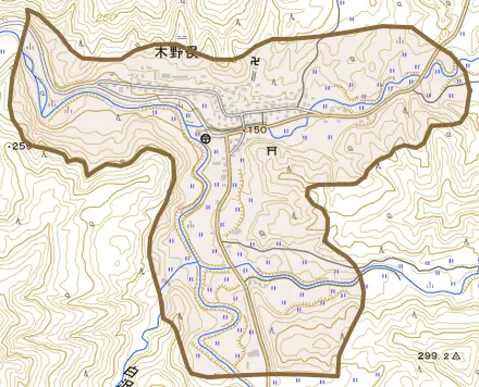 木野俣とその周辺の地図。町の範囲を重ねている