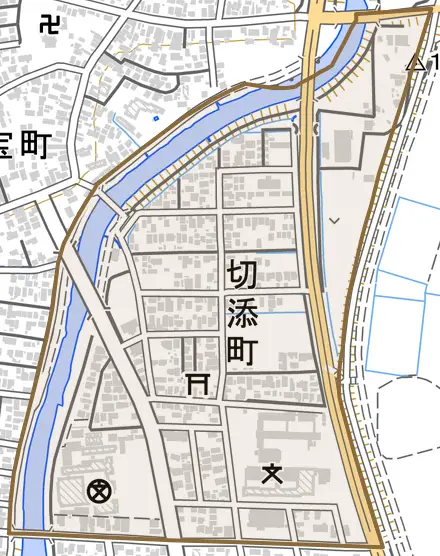 切添町とその周辺の地図。町の範囲を重ねている