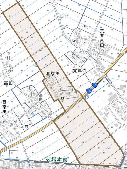 北京田とその周辺の地図。町の範囲を重ねている