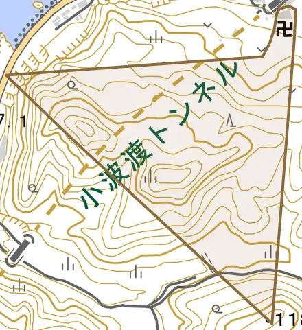 小波渡とその周辺の地図。町の範囲を重ねている