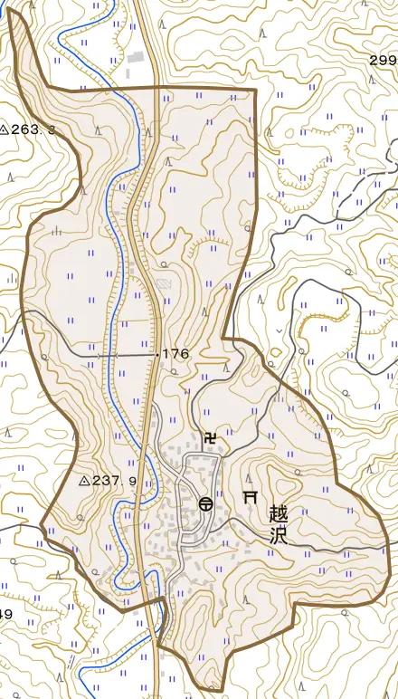 越沢とその周辺の地図。町の範囲を重ねている
