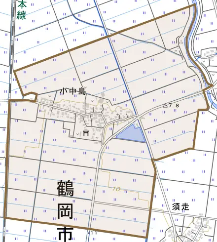 小中島とその周辺の地図。町の範囲を重ねている