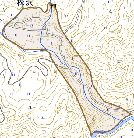 松沢とその周辺の地図。町の範囲を重ねている
