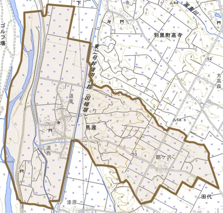 馬渡とその周辺の地図。町の範囲を重ねている