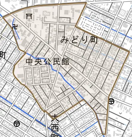 みどり町とその周辺の地図。町の範囲を重ねている