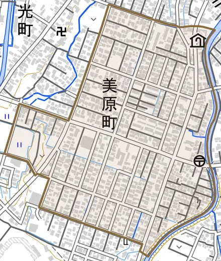 美原町とその周辺の地図。町の範囲を重ねている