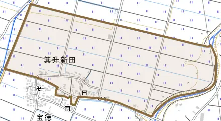 箕升新田とその周辺の地図。町の範囲を重ねている