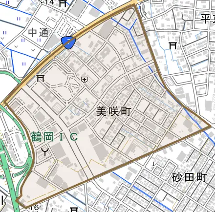 美咲町とその周辺の地図。町の範囲を重ねている