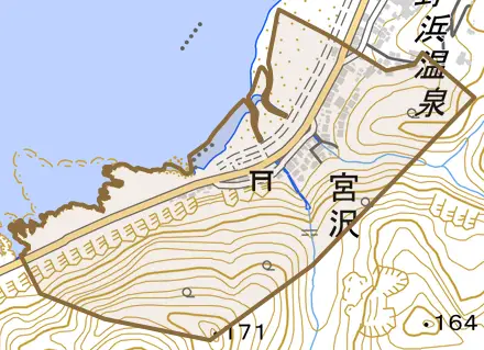 宮沢とその周辺の地図。町の範囲を重ねている