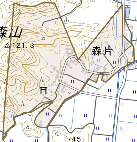 森片とその周辺の地図。町の範囲を重ねている