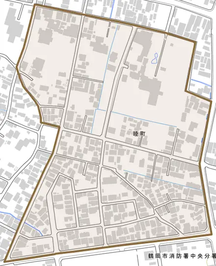 睦町とその周辺の地図。町の範囲を重ねている