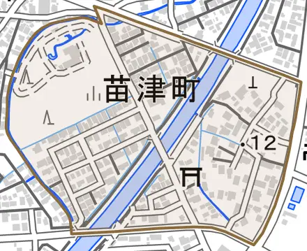 苗津町とその周辺の地図。町の範囲を重ねている