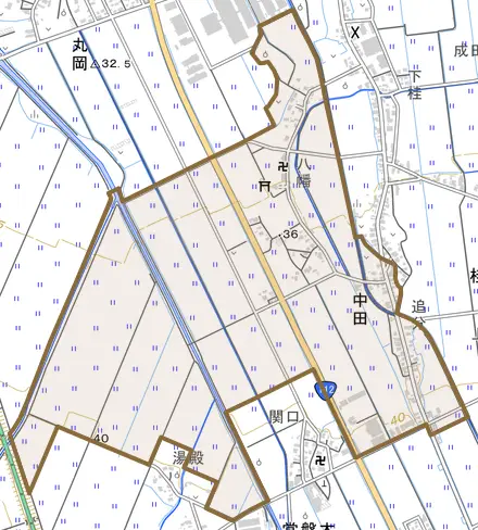 中田とその周辺の地図。町の範囲を重ねている