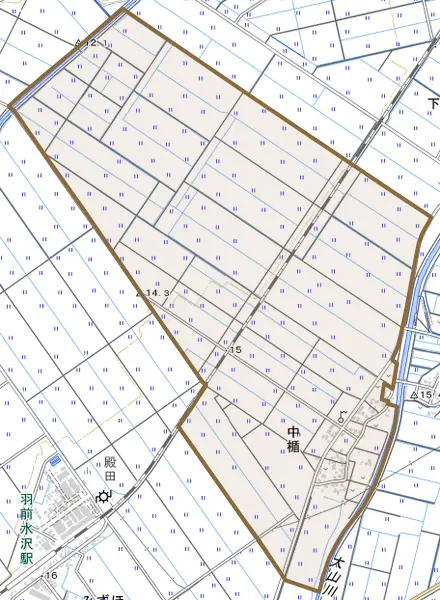 中楯とその周辺の地図。町の範囲を重ねている